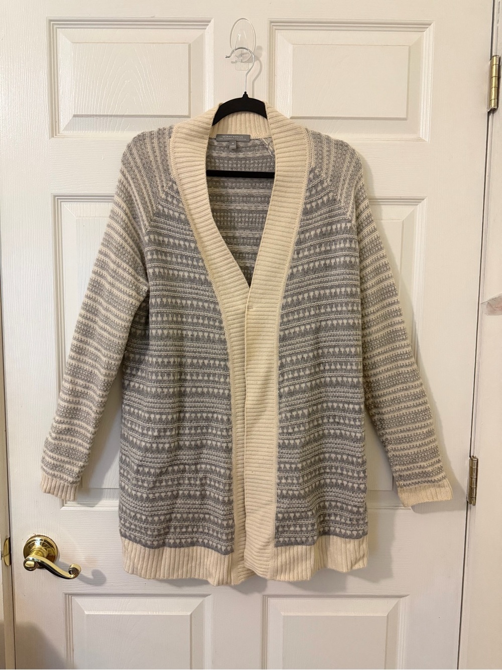 Neiman Marcus 100% Cashmere Long Fair Isle Cardigan Duster Grey Cream M